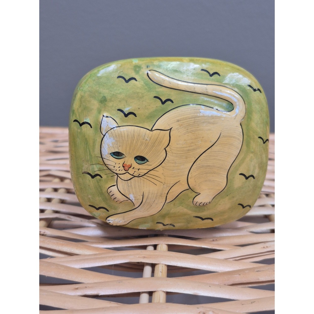 Sara's Imports Vintage Papier Mache Cat Trinket Box Hand Painted India Folk Art